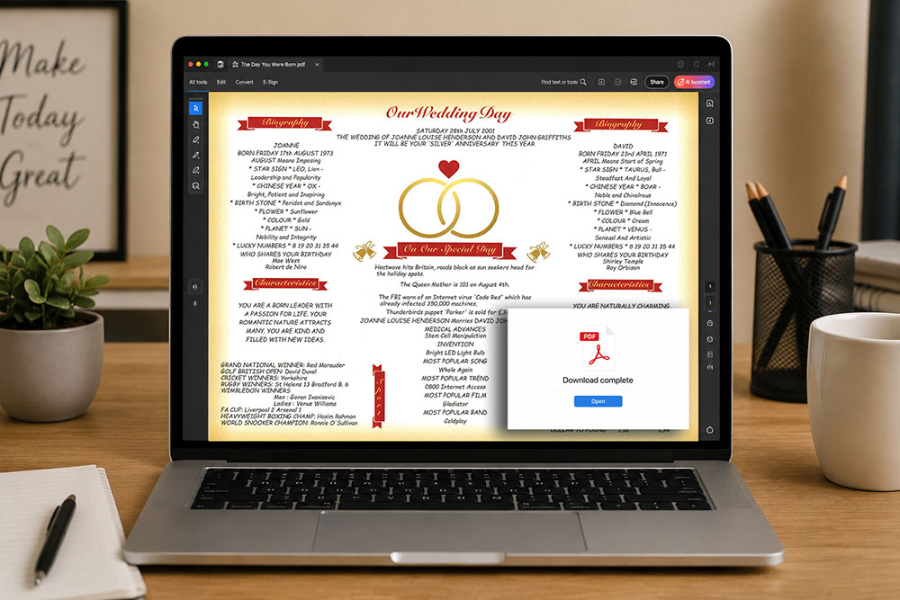Day You Were Born wedding day style chart