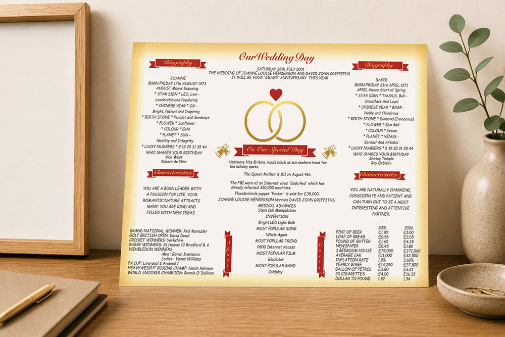 Day You Were Born wedding day style chart