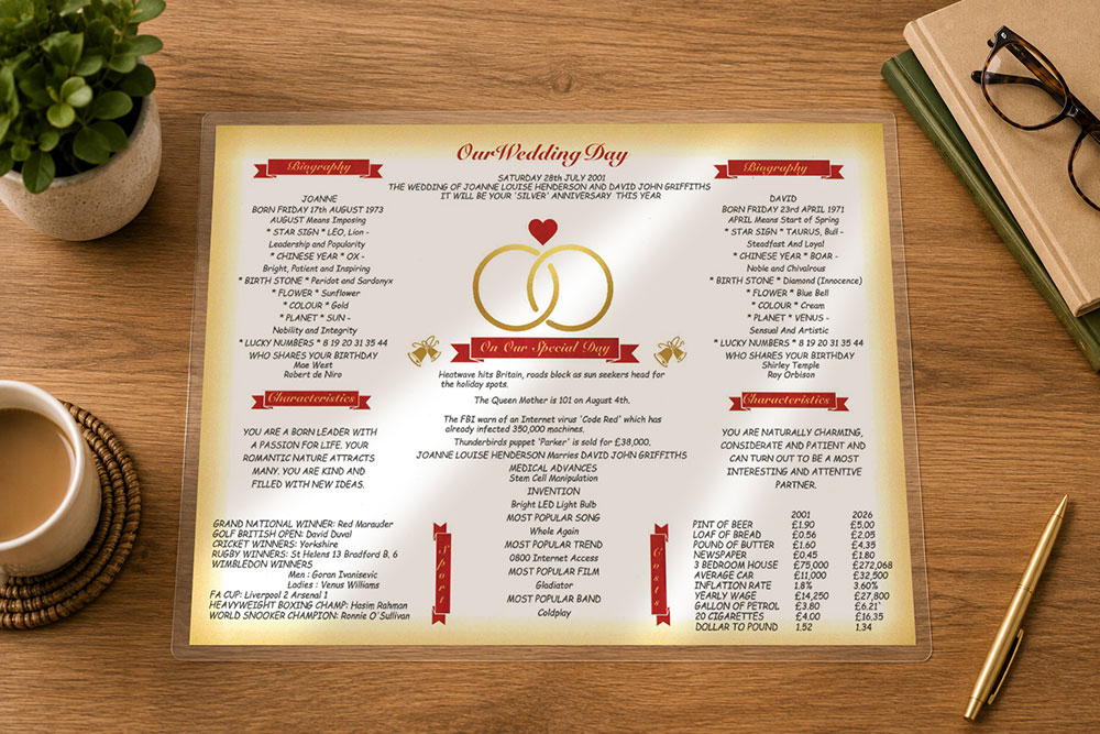 Day You Were Born wedding day style chart